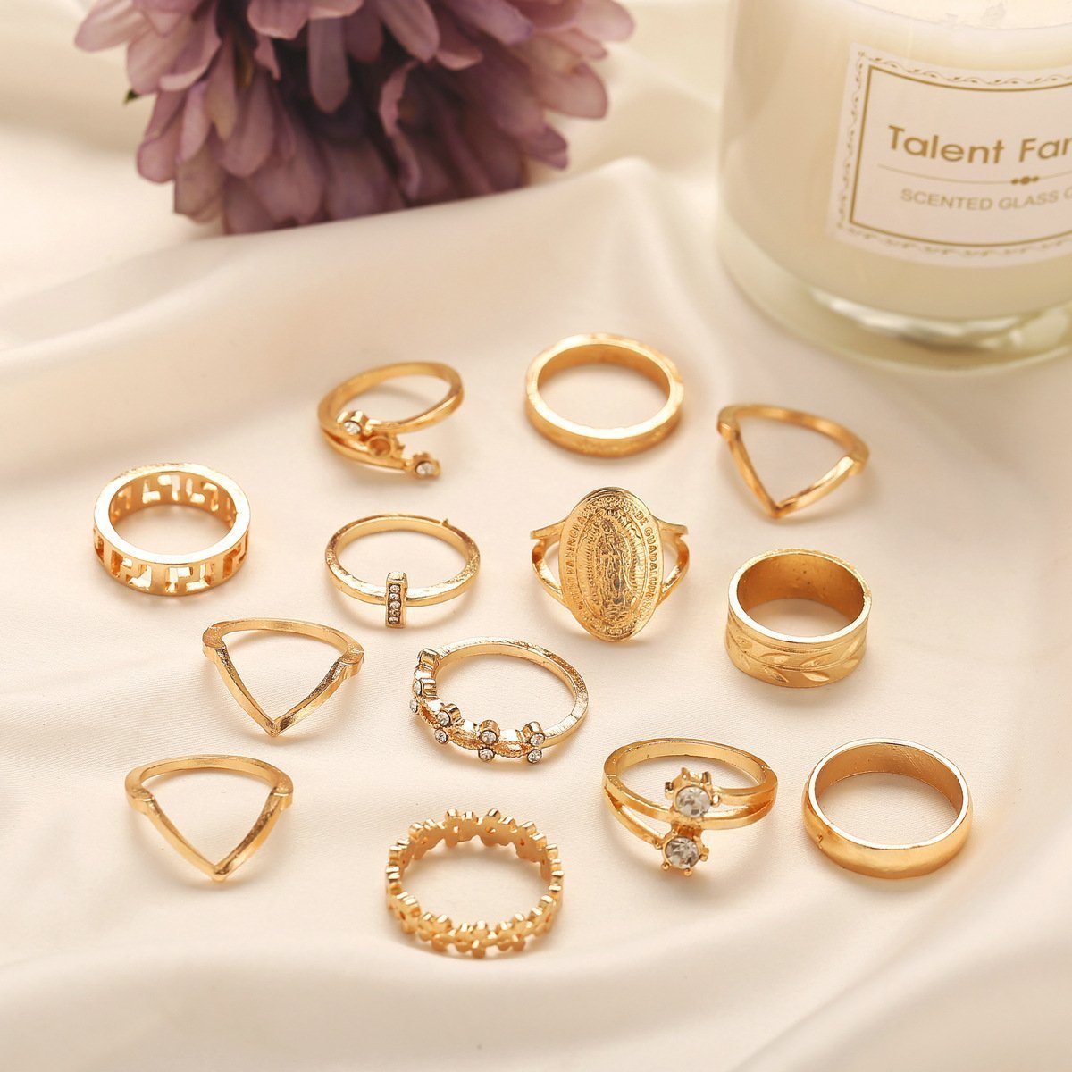 Dstoreishop 13 Piece Medallion Ring Set with Austrian Crystals, 18K Gold Plated Ring, Italy Design